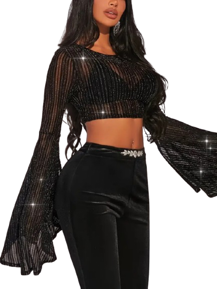 Kye-Women’s Bell Sleeve Casual Crop Top
