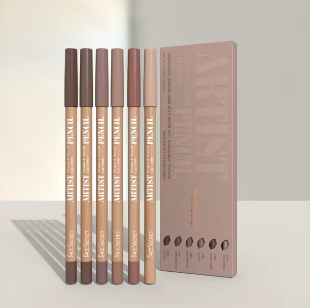 Face Secret Artist Shape & Sculpt Pencil Lip Liners, 6 Pcs Nude-Brown Lip Liner Pencils, Long-Lasting, Waterproof, Matte Finish, Lip Pencil For All Occasions