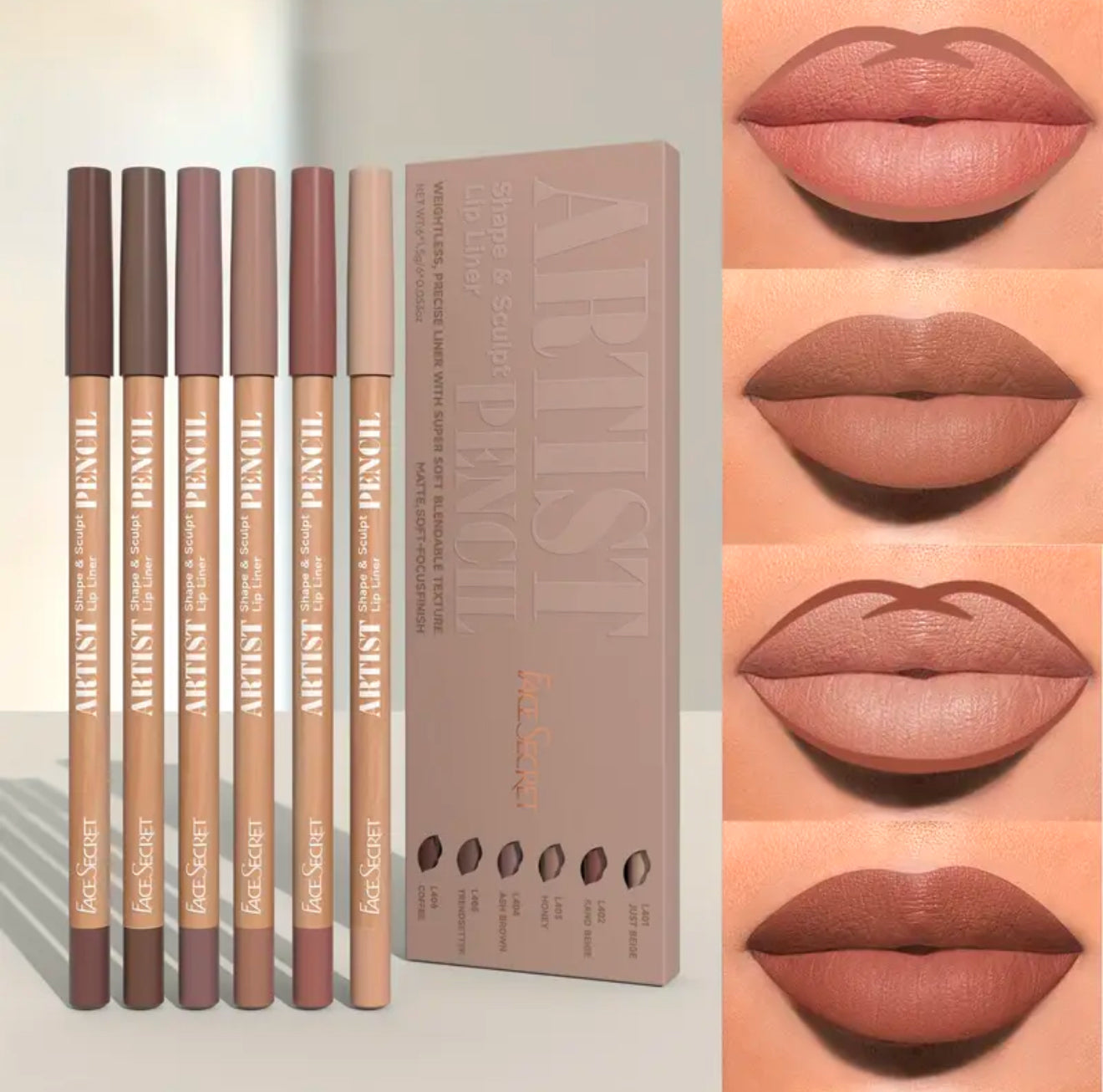 Face Secret Artist Shape & Sculpt Pencil Lip Liners, 6 Pcs Nude-Brown Lip Liner Pencils, Long-Lasting, Waterproof, Matte Finish, Lip Pencil For All Occasions