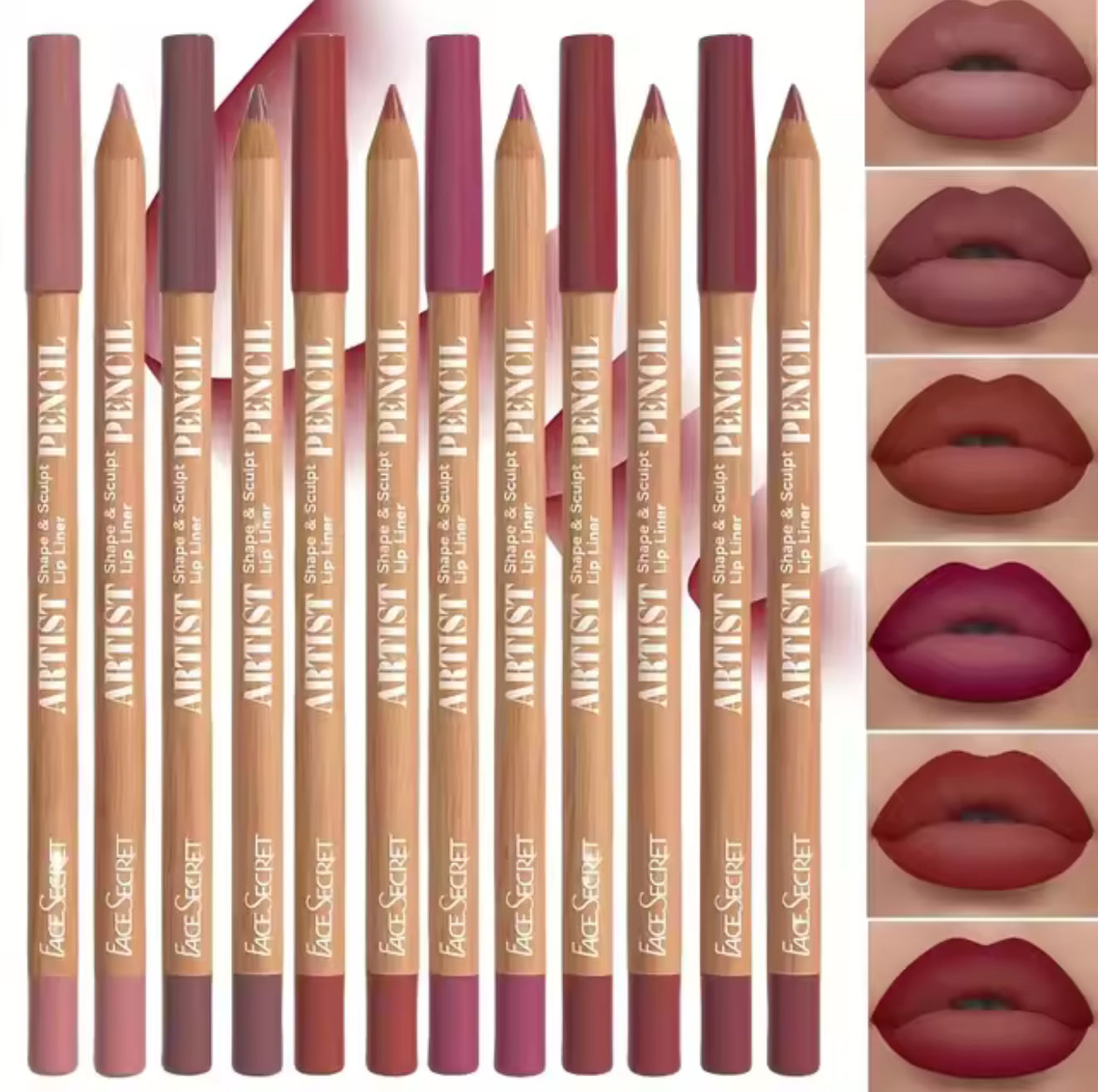 Face Secret Artist Shape & Sculpt Pencil Lip Liners, 6pcs Pink-Rose Lip Liner Pencils, Long-Lasting, Waterproof, Matte Finish, Lip Pencil For All Occasions