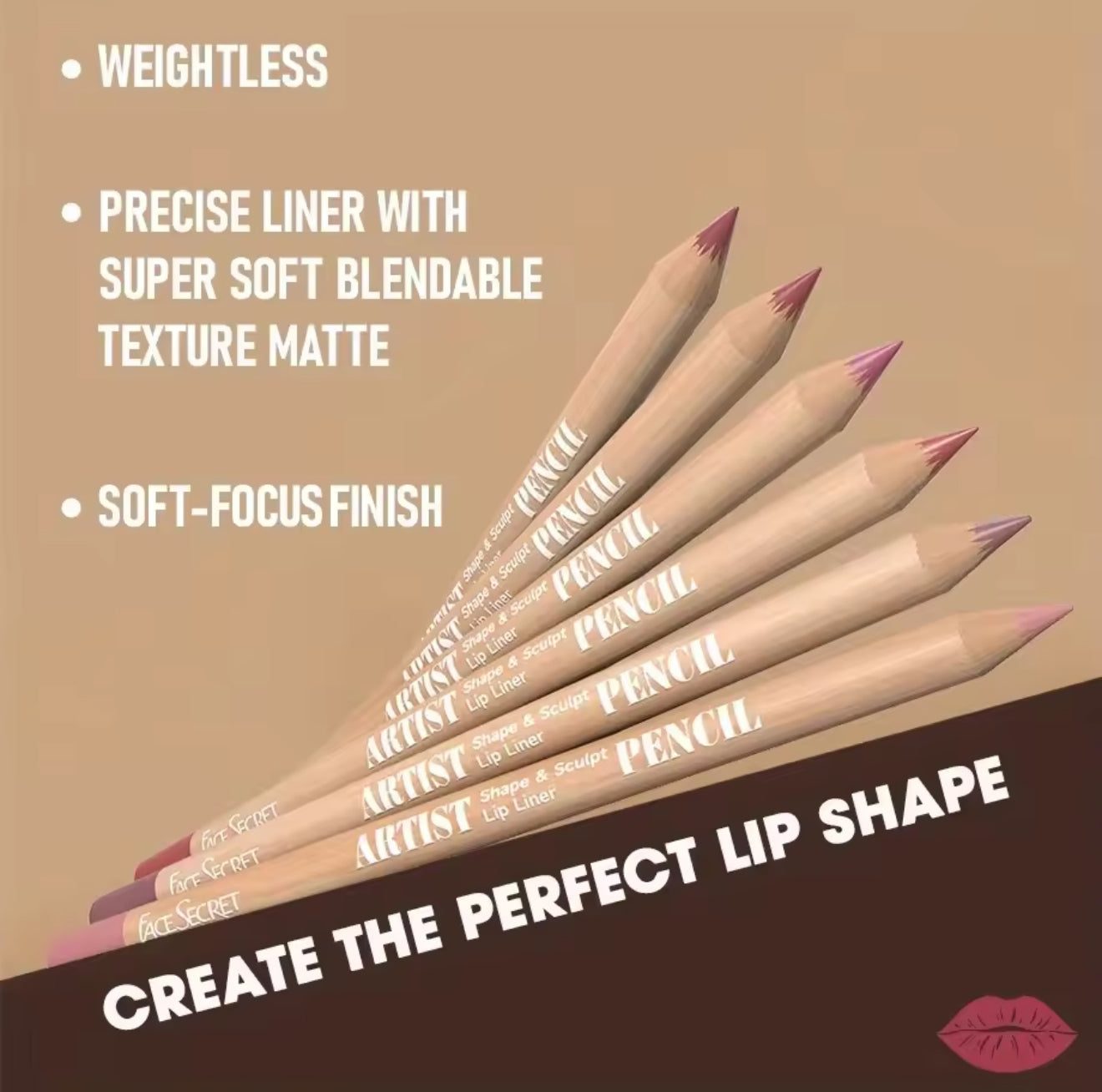 Face Secret Artist Shape & Sculpt Pencil Lip Liners, 6pcs Pink-Rose Lip Liner Pencils, Long-Lasting, Waterproof, Matte Finish, Lip Pencil For All Occasions