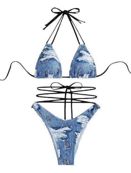 Blue Hour-Women’s Denim-Effect Halter Tie Back Two-Piece Bikini, Women’s Bikini Set, Ladies Swimwear, Swimwear For All Occasions, Beachwear, Two-Piece Swim Top & Tie Bottom Set