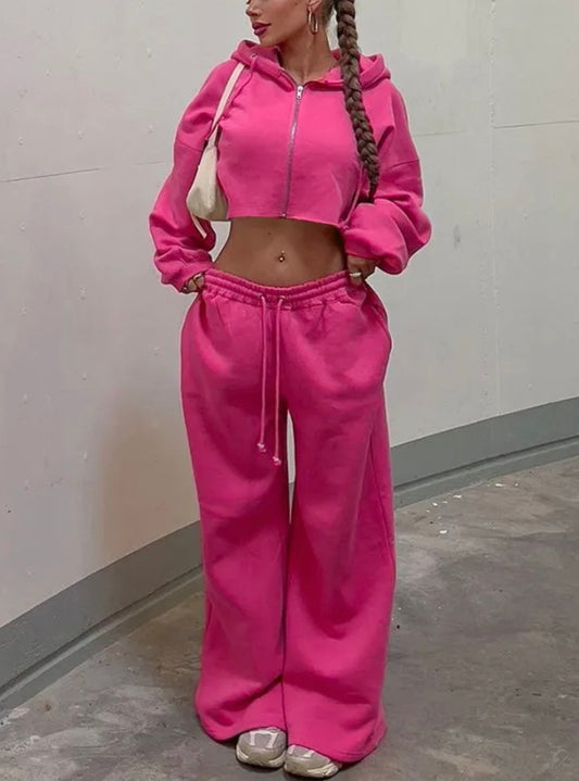 Pretty Girl Vibes-Women’s Zip-Up Cropped Hoodie And Sweat pants Set, Casual Two Piece Cropped Hoodie And Sweatpants Set, Comfortable Two Piece Outfits For Daily Wear, Womenswear Lounge Set For Winter, Spring, Fall