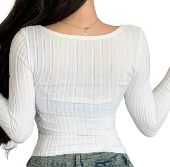 Airi-Ribbed Front Button Crop Top