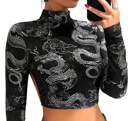 Aoki-Backless Dragon Print Crop