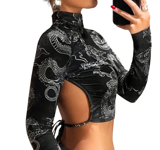 Aoki-Backless Dragon Print Crop