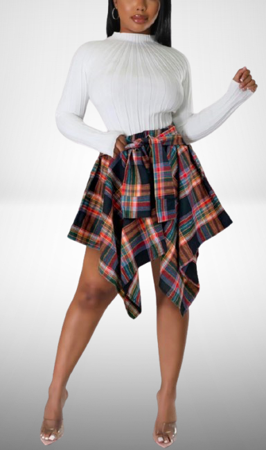 Fallon-Asymmetrical Plaid Tie Front Skirt