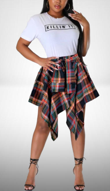 Fallon-Asymmetrical Plaid Tie Front Skirt