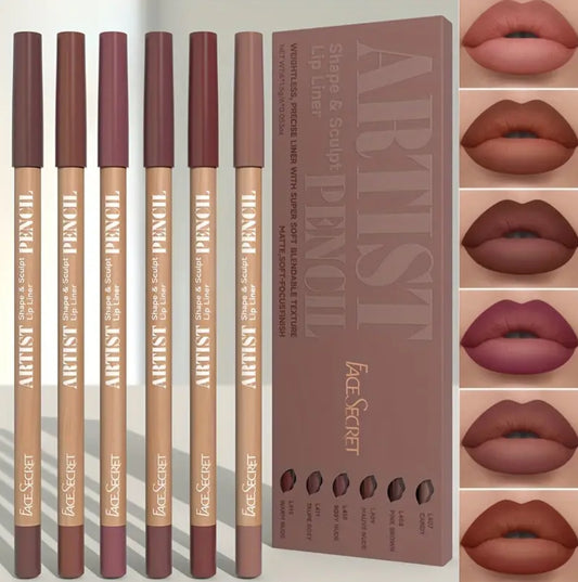 Face Secret Artist Shape & Sculpt Pencil Lip Liners, 6 Pcs Nude-Pink Lip Liner Pencils, Long-Lasting, Waterproof, Matte Finish, Lip Pencil For All Occasions, Women & Girls Make Up Products