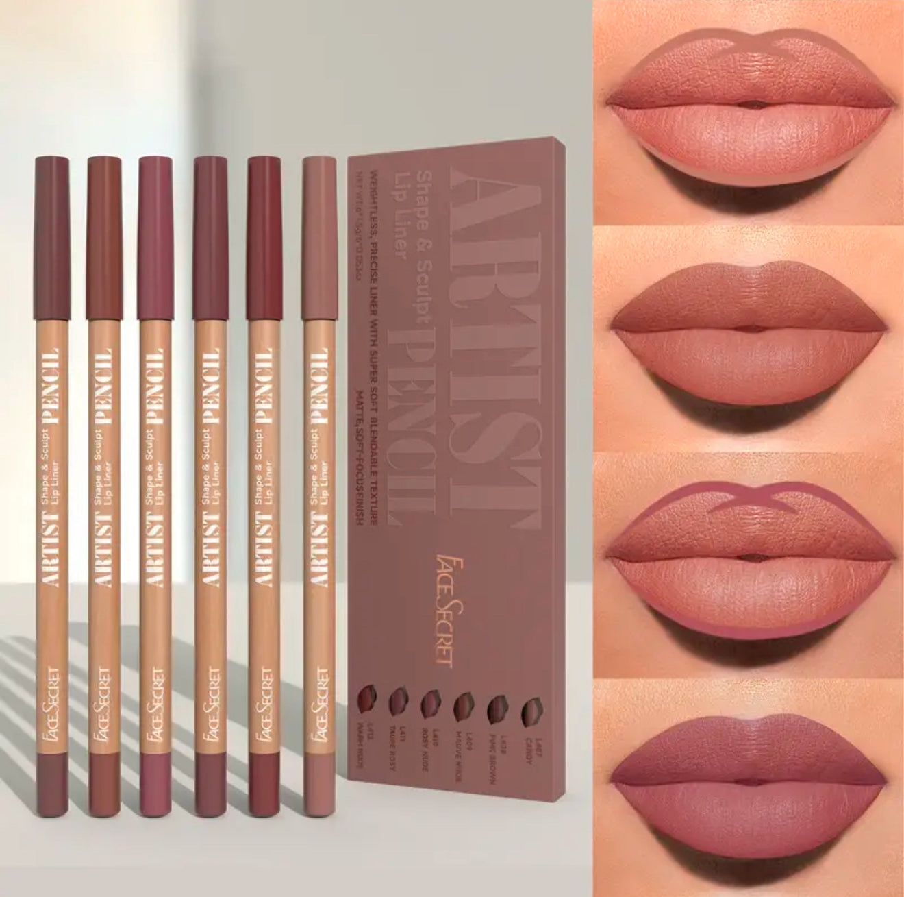 Face Secret Artist Shape & Sculpt Pencil Lip Liners, 6 Pcs Nude-Pink Lip Liner Pencils, Long-Lasting, Waterproof, Matte Finish, Lip Pencil For All Occasions, Women & Girls Make Up Products