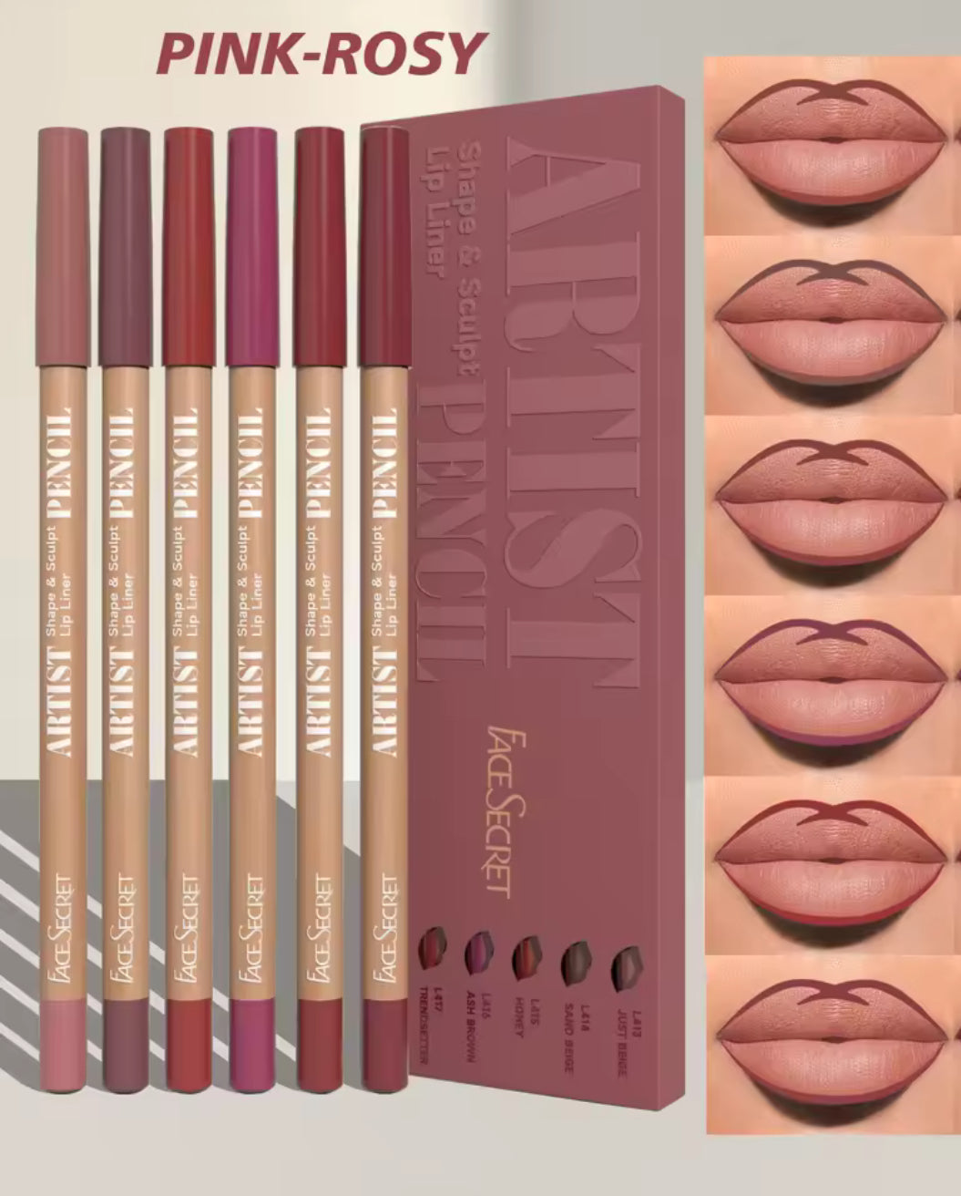 Face Secret Artist Shape & Sculpt Pencil Lip Liners, 6pcs Pink-Rose Lip Liner Pencils, Long-Lasting, Waterproof, Matte Finish, Lip Pencil For All Occasions