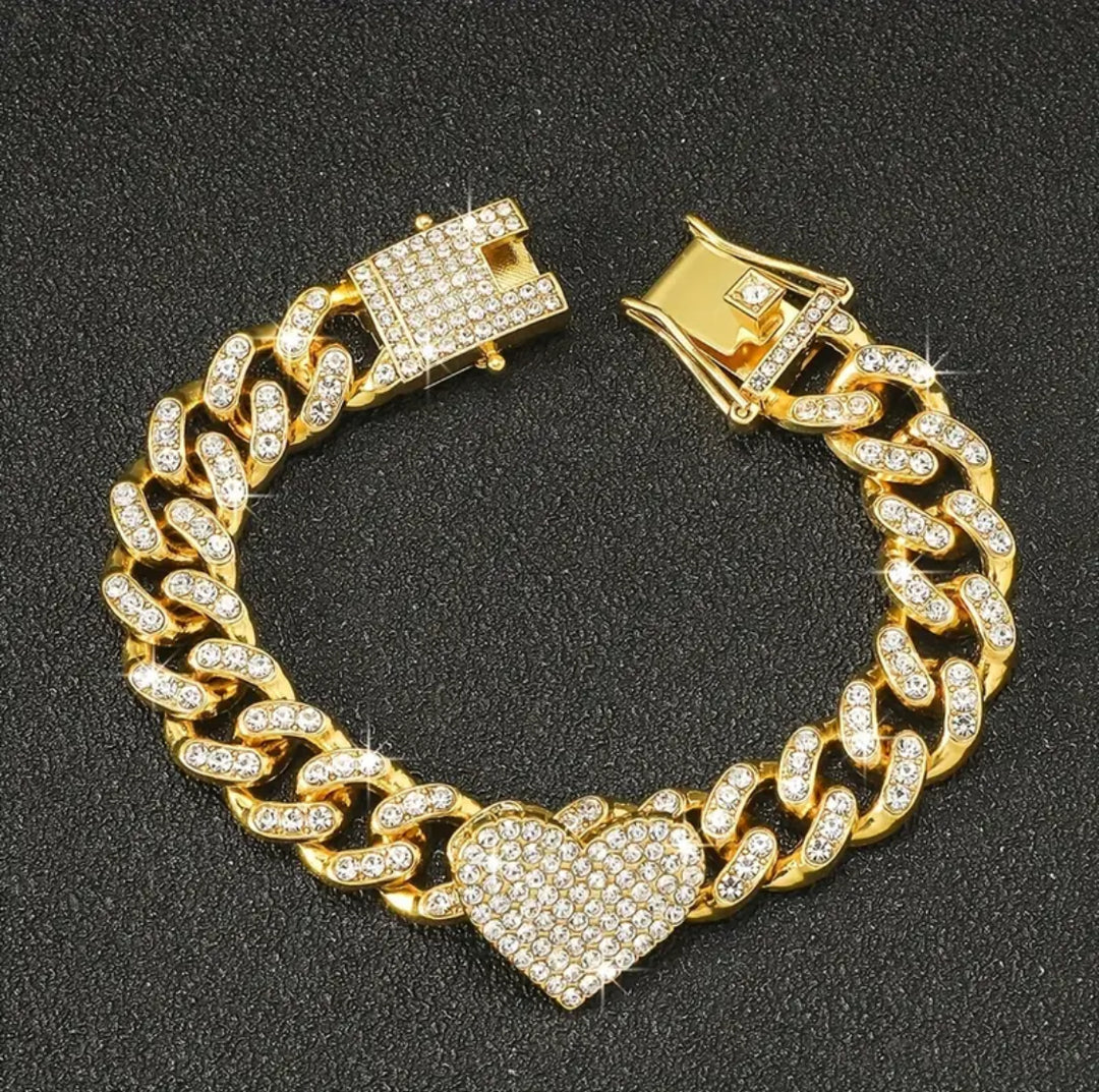 Icy Girl-Cuban Link Bracelet w/ Rhinestone Heart Charm