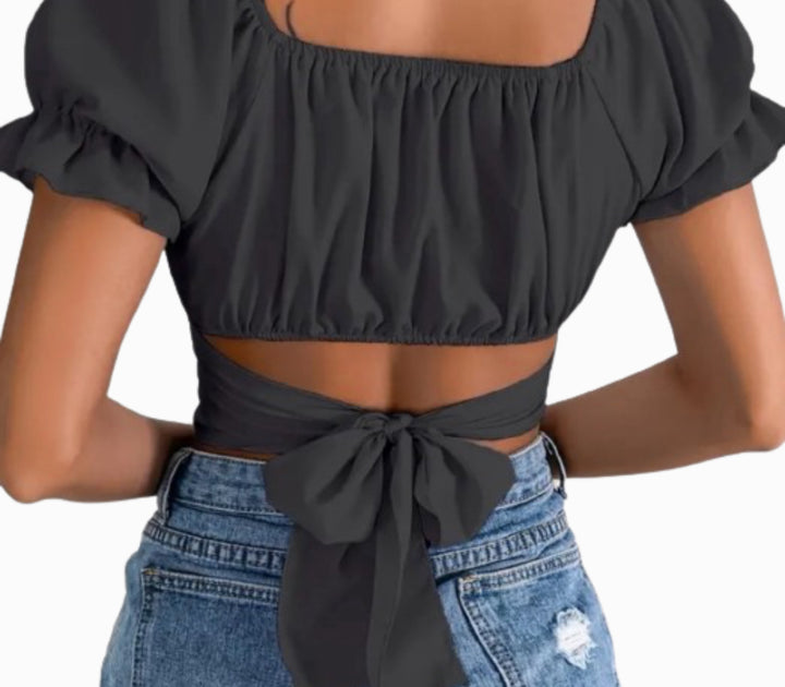 Camdyn-Ruffled Tie Back Crop Top