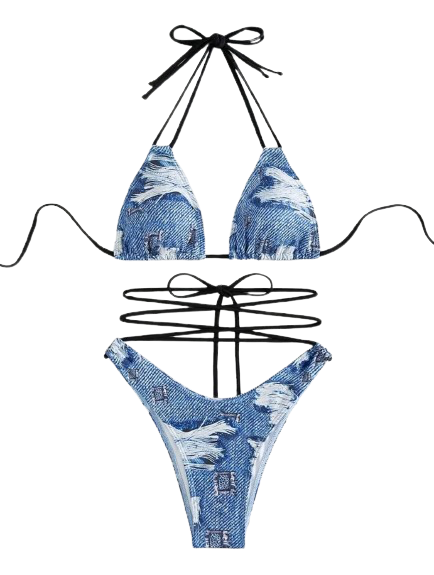 Blue Hour-Denim-Effect Halter Bikini